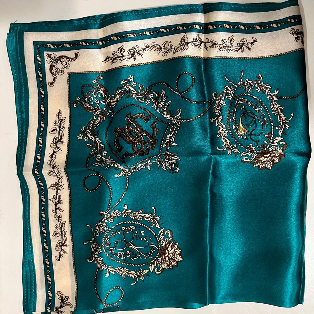Beautiful Teal and Cream Silk Head Scarf - Picture 6 of 7